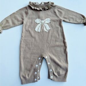 Beige knit bow print winter onesie jumpsuit jumper